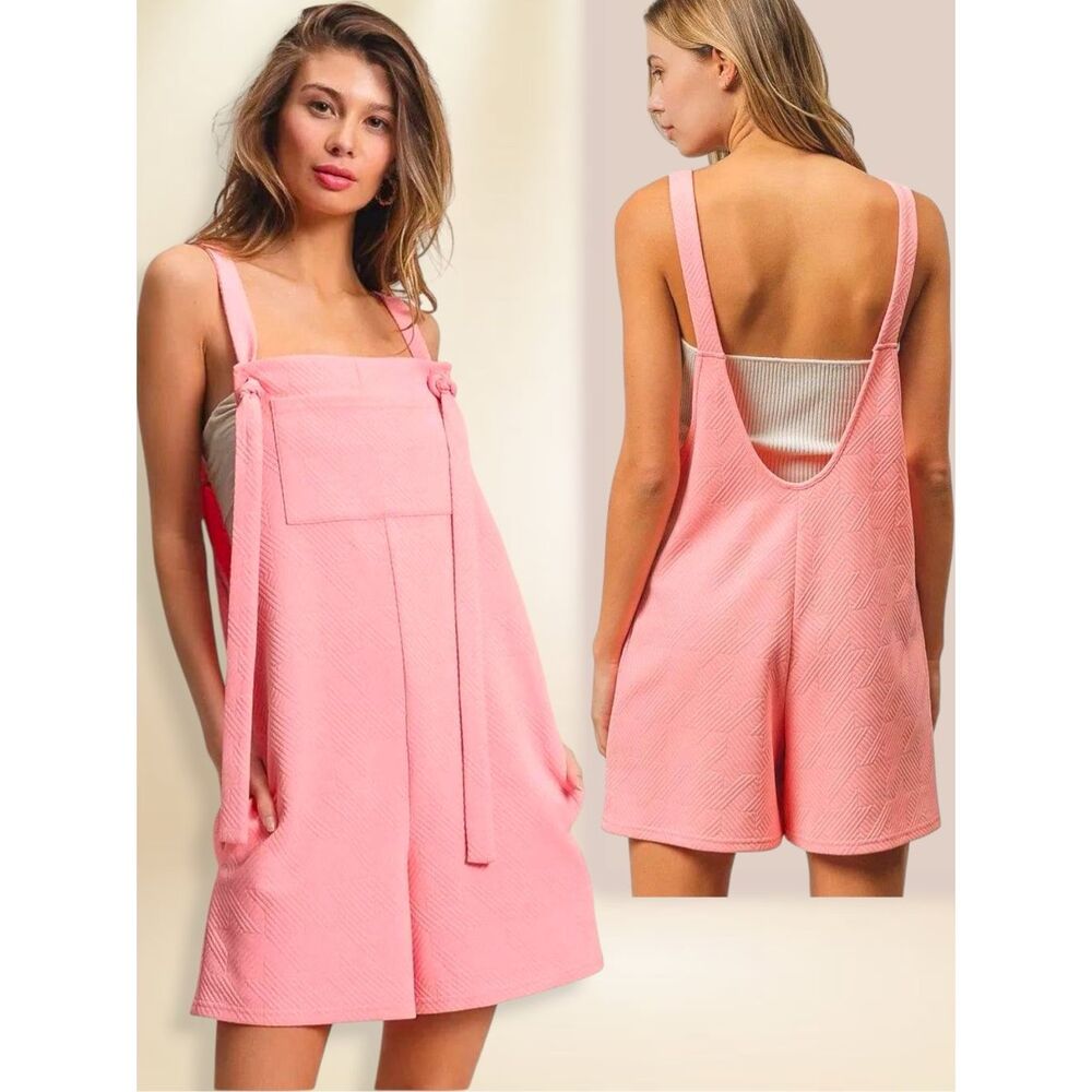 BiBi Textured Jacquard Romper Pink Pockets Tie Strap Sleeveless Oversized Romper